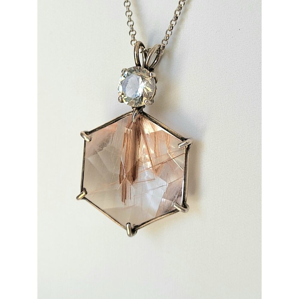 Large Gold  Rutilated Quartz Spiritual Hex Necklace Sterling Plus 2nd Crystal